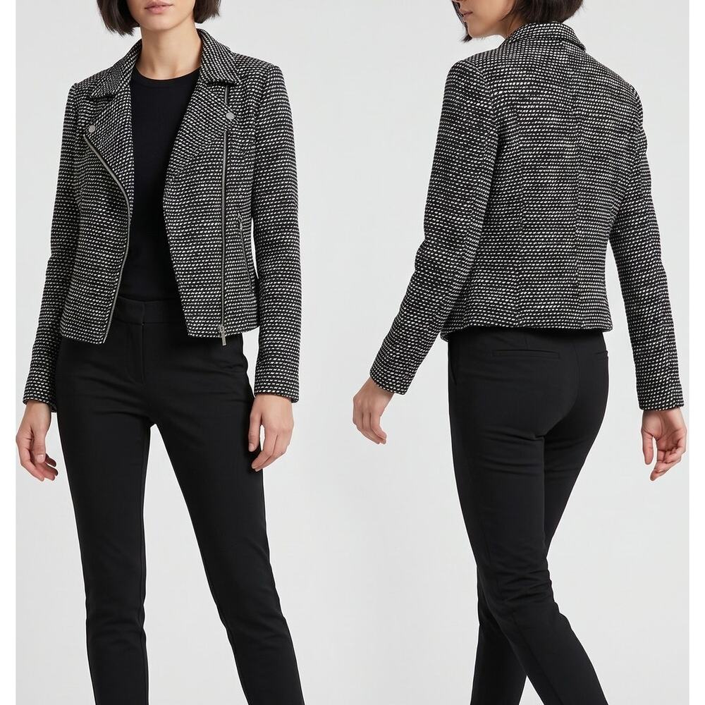 Express Womens XS Black White Textured Moto-Style Jacket Asymetrical Zipper